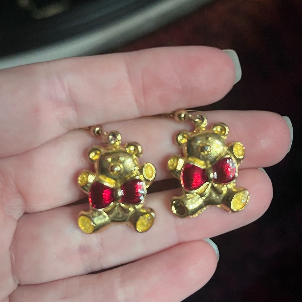 Cute Gold Tone and Red Teddy Bear Earrings